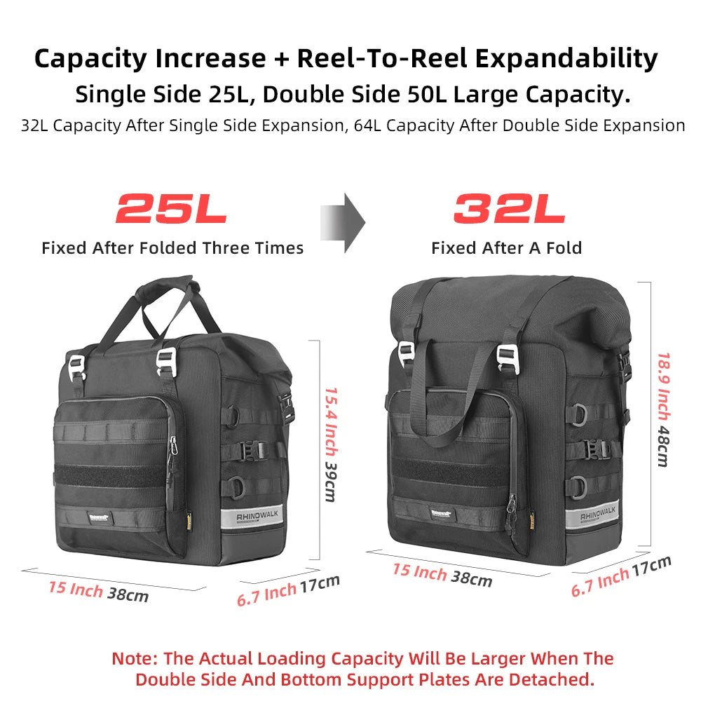 Rhinowalk Motorcycle Side Bag Waterproof Saddle 25L-32L Expandable Pannier Bag Quick Release 3D Shape Motorbike Storage Bag 1PC