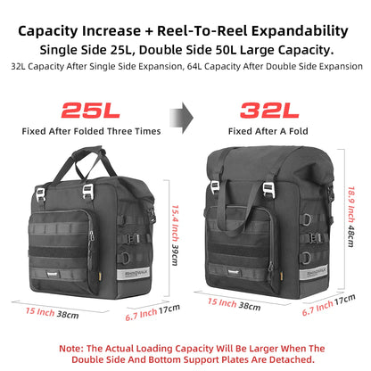 Rhinowalk Motorcycle Side Bag Waterproof Saddle 25L-32L Expandable Pannier Bag Quick Release 3D Shape Motorbike Storage Bag 1PC