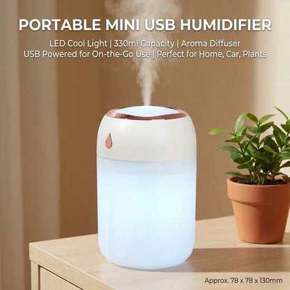 330ml Mini USB Air Humidifier Portable Aroma Diffuser with LED Cool Light for Room Home Car Plant Mist Purifier - Urbizia
