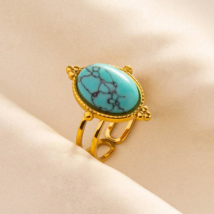 Turquoise Finger Jewelry Long Oval Sun Heart Water Drop Stainless Steel Rings For Women Men Accessories Gold Plated Open Anillos