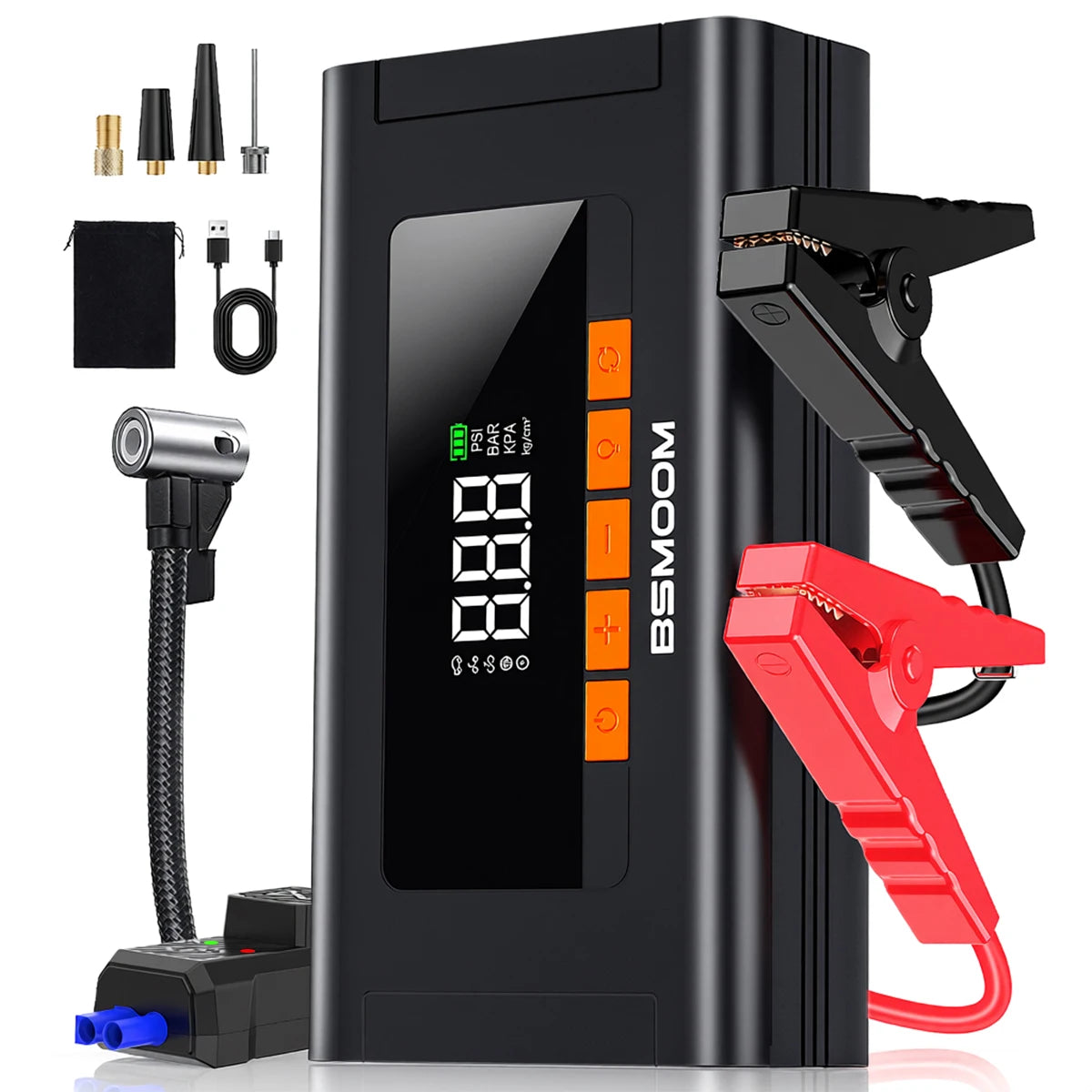1500A Peak Car Battery Starter Kit, Featuring a 150 PSI Air Compressor, Jump Cable Box, Portable Starter for 12L of Gasoline/10.0L of Diesel Engines, LCD Display, 3-Mode LED Flashlight, Fast Charging USB-C, Lithium Polymer Ba