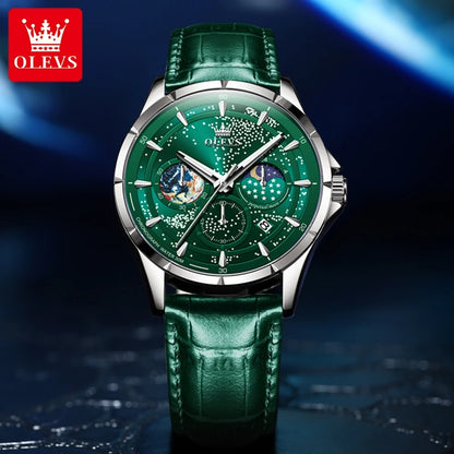 OLEVS Fashion Starry Sky Green Dial Quartz Watch for Men Multifunction Moon Phase Luminous Chronograph Watches Relogio Masculino