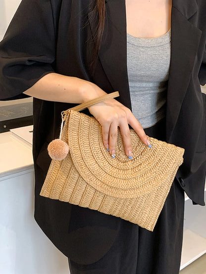 Handmade Straw Beach Shoulder Crossbody Bag Girls Envelope Woven Summer Small Hair Ball Cluth