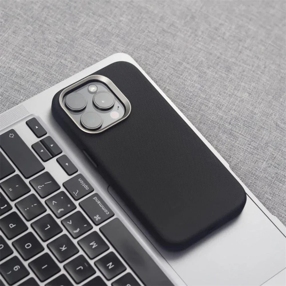 Luxury Alloy Lens Frame Particle PU Leather Magnetic Case For iPhone 17 16 Pro Max 15 14 13 For Magsafe Wireless Charging Cover