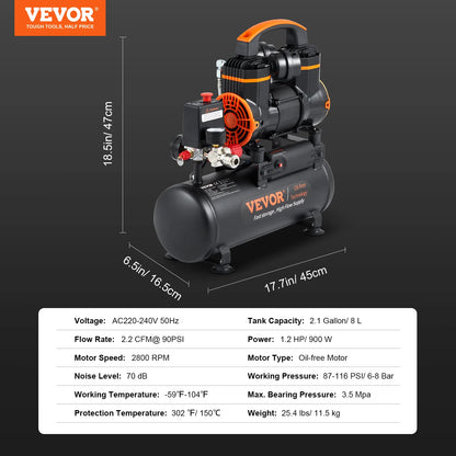 SucceBuy Silent Air Compressor 900W 1450W 1800W Quiet Oil-free Portable Air Pump for Repair Tire Inflation Whisper Compressor