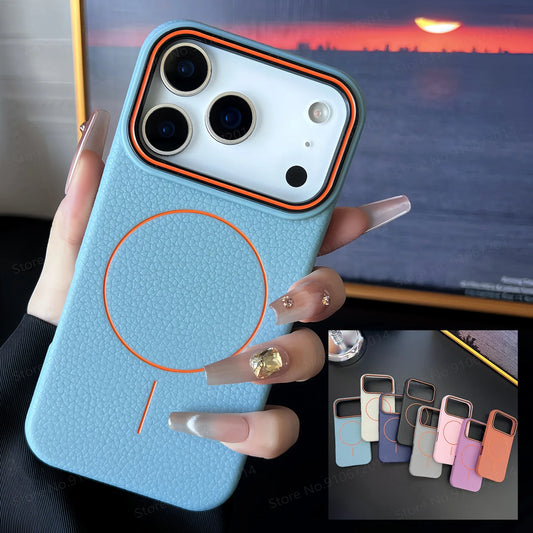Litchi Pattern For Magsafe Leather Texture Phone Case For iPhone 17 16 15 14 13 12 11 Pro Max Air Plus Magnetic Shockproof Cover