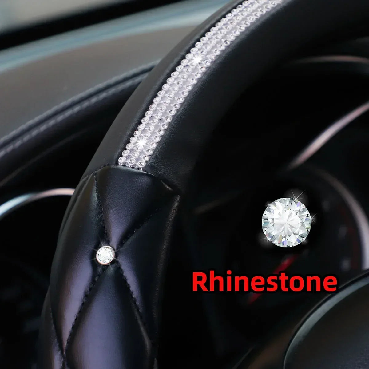 1 Stereo Leather Inset Faux Diamond Flash Blingbling Car with Inner Ring Steering Wheel Cover for 14.5-15 Inch Car Accessories - Urbizia