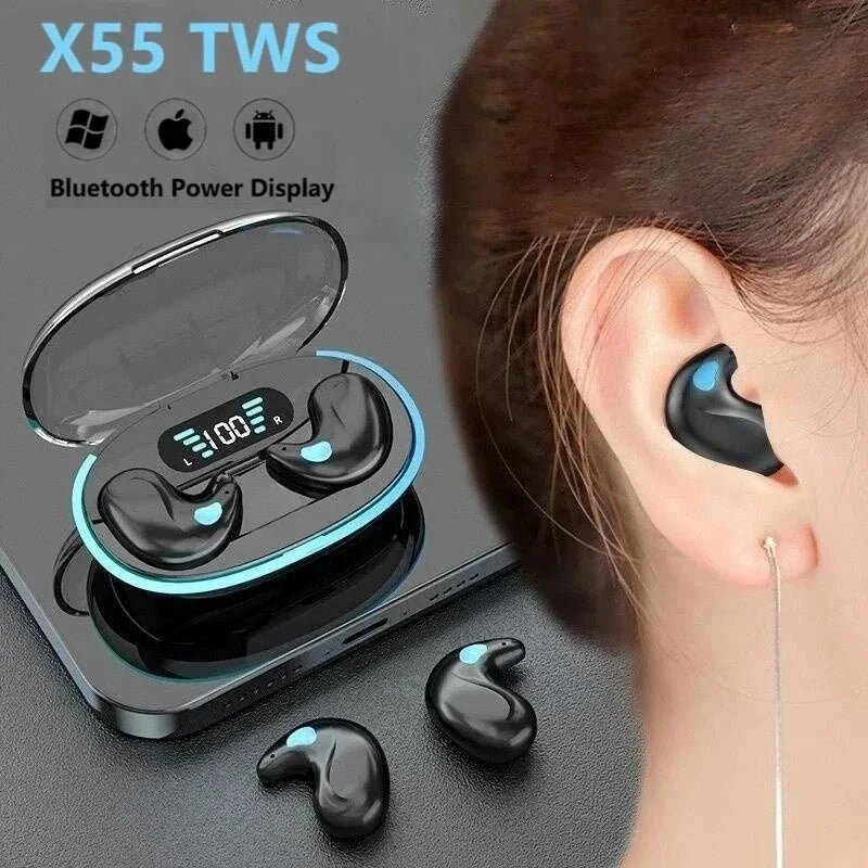 X55 Earphone Stereo Hidden Headsets with Mic HD Call Waterproof Sleeping Earbuds Wireless Mini Headphones TWS Bluetooth