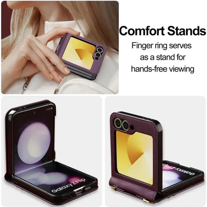 Wallet Crossbody Phone Case For Samsung Galaxy Z Flip 7 FE 6 5 4 3 Flip6 Flip7 5G with Card Holder Wrist Strap Lanyard Leather