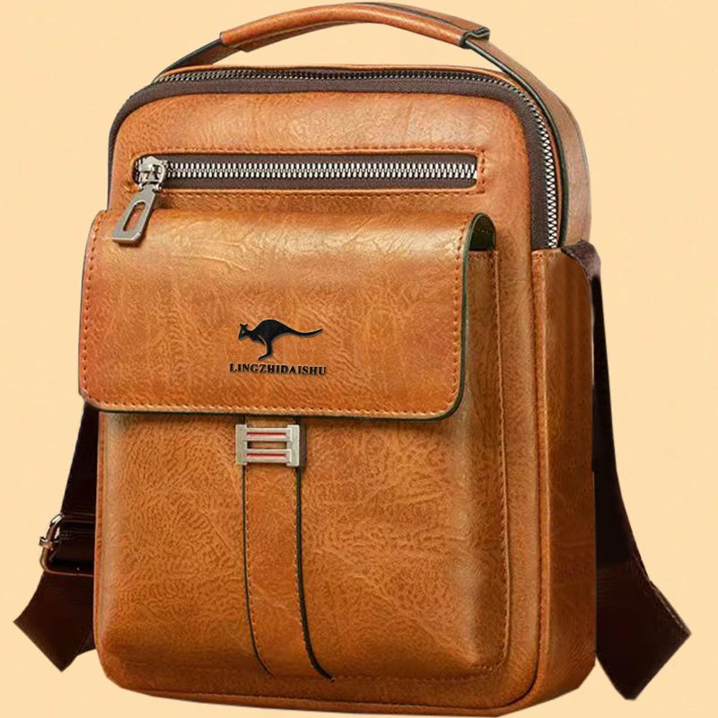 Men Multifunctional Leather Shoulder Bag Multi Pocket Crossbody Messenger Bag Business Travel Handbag with Top Handle Black