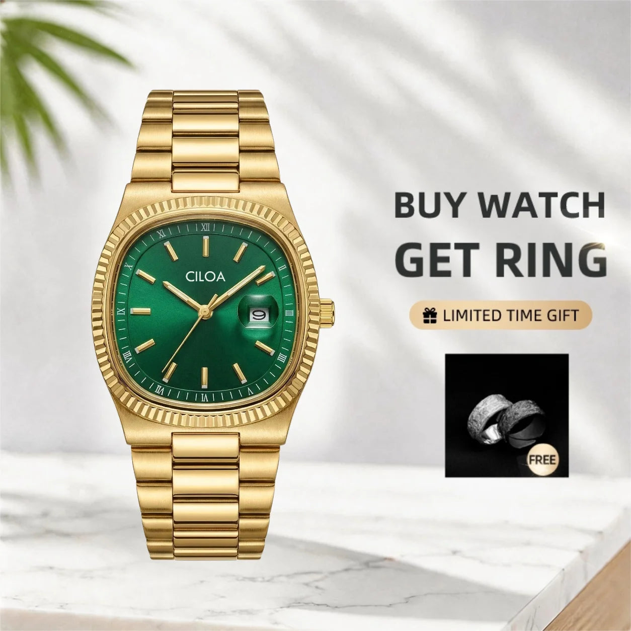 CILOA Square Green Watch for Men High-End High-Quality Casual Fashionable Light Luxury Gift New Style Waterproof Quartz Watch