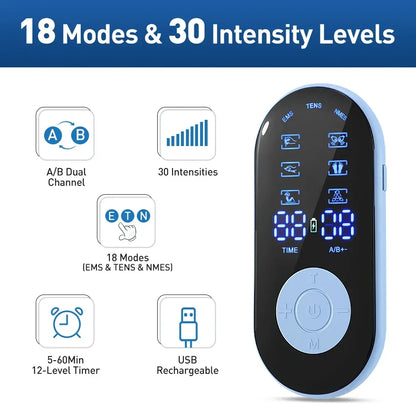 EMS NMES TENS Full Body Electronic Massager – 18 Modes, 30 Intensity Levels - Urbizia