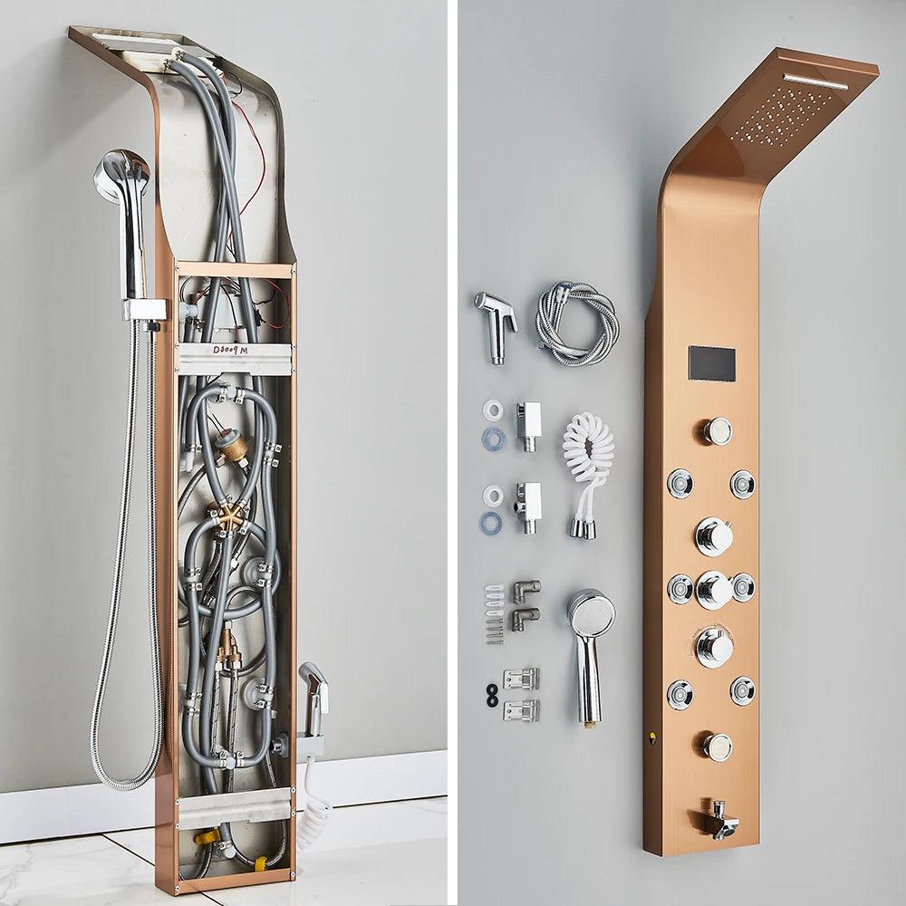 LED Bathroom Shower Panel 6 Modes Intelligent LCD Shower Column Rose Gold Rain Waterfall Bath Systems With Massage Jet Mixer Tap