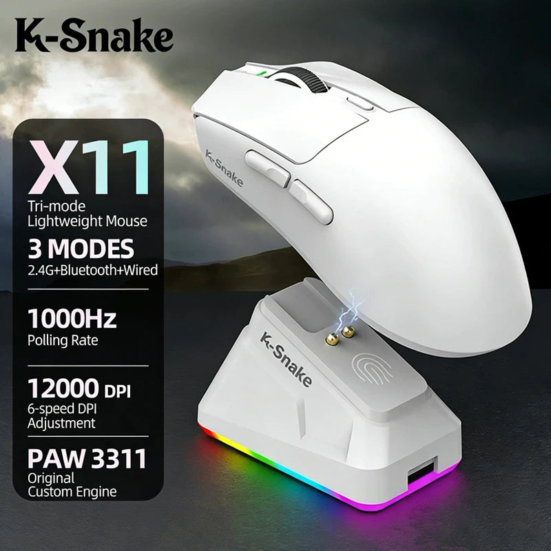 K-Snake X11 Wireless Mouse,Bluetooth/2.4G/wired Tri-Mode Mouse ,PAW3311 RGB Magnetic charging dock Gaming Mouse