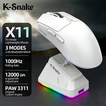 K-Snake X11 Wireless Mouse,Bluetooth/2.4G/wired Tri-Mode Mouse ,PAW3311 RGB Magnetic charging dock Gaming Mouse