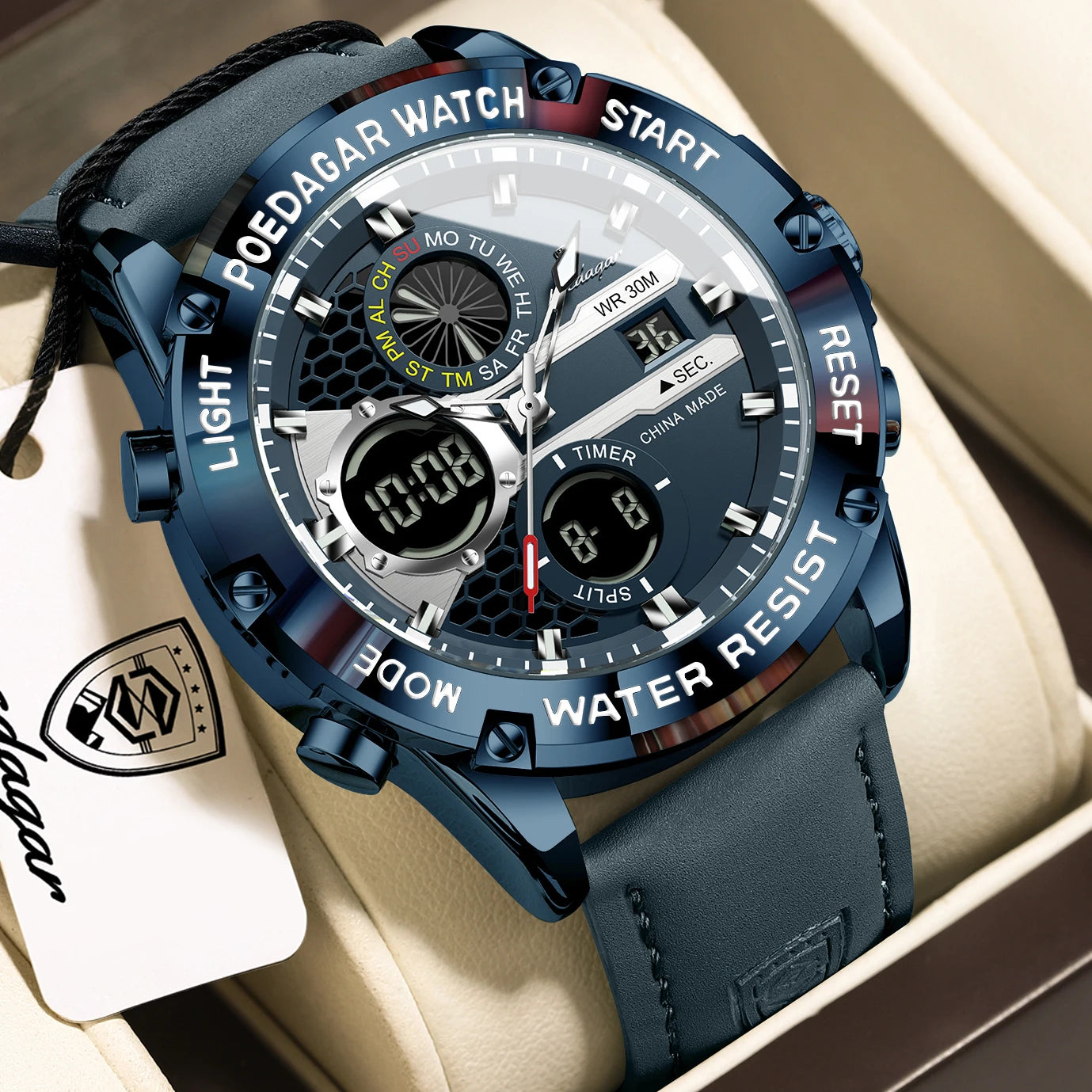 POEDAGAR Top Fashion Man Clock Waterproof Electronic LED Luxury Men's Watches Dual Time Display Digital Leather Men Quartz Watch