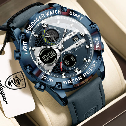 POEDAGAR Top Fashion Man Clock Waterproof Electronic LED Luxury Men's Watches Dual Time Display Digital Leather Men Quartz Watch