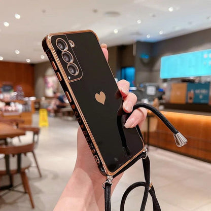 Crossbody Strap Cord Phone Case For Samsung Galaxy S26 S25 S23 S24 Ultra S24 FE A17 A57 A16 A55 5G Plating Heart Lanyard Cover
