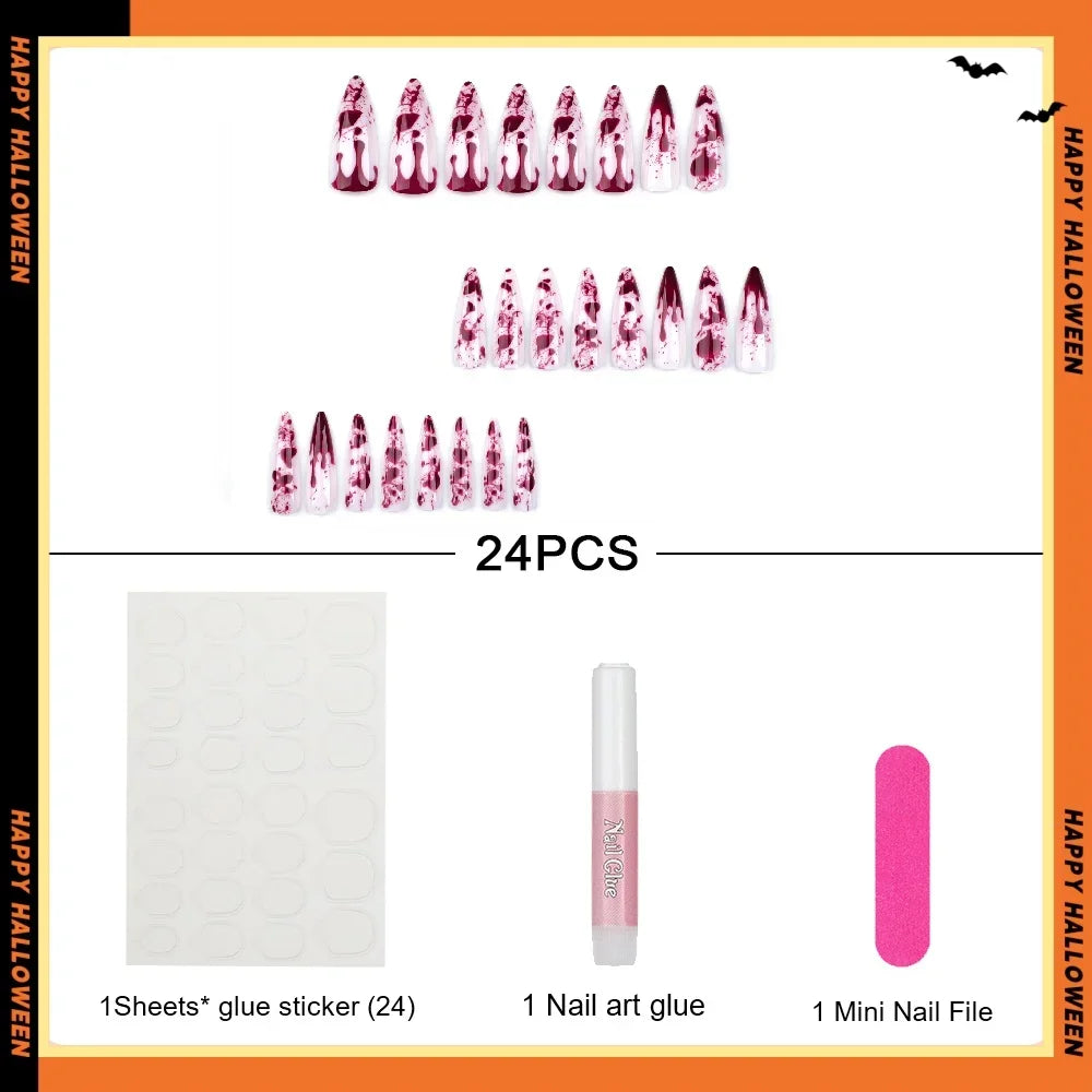 24Pcs Blood Splatter Almond Press-on Nails – Long Glossy Red & White Halloween Fake Nail Kit