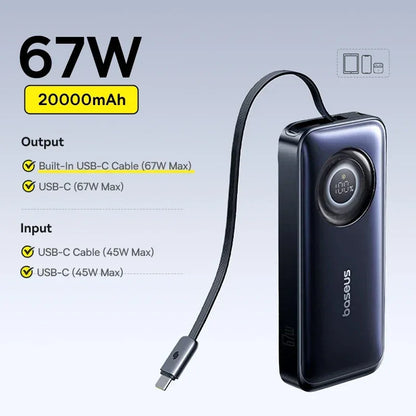 65W 20000mAh Retractable Cable Power Bank Fast Charge