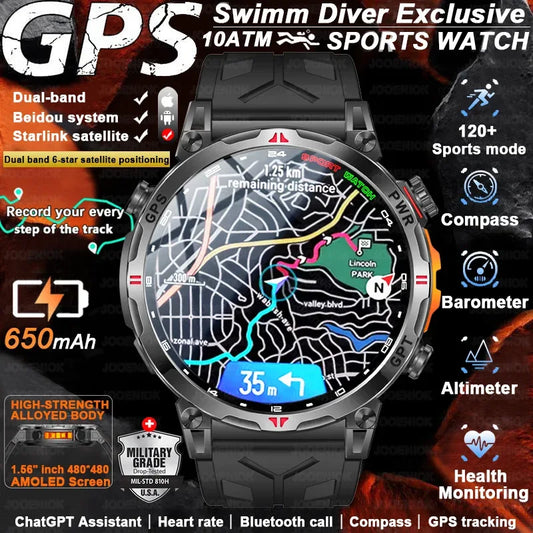 2026 New Outdoor Sports Smartwatch Men GPS Positioning 650mAh HD Call 1.56-inch AMOLED Screen Compass 5ATM Waterproof Watch Man - Urbizia