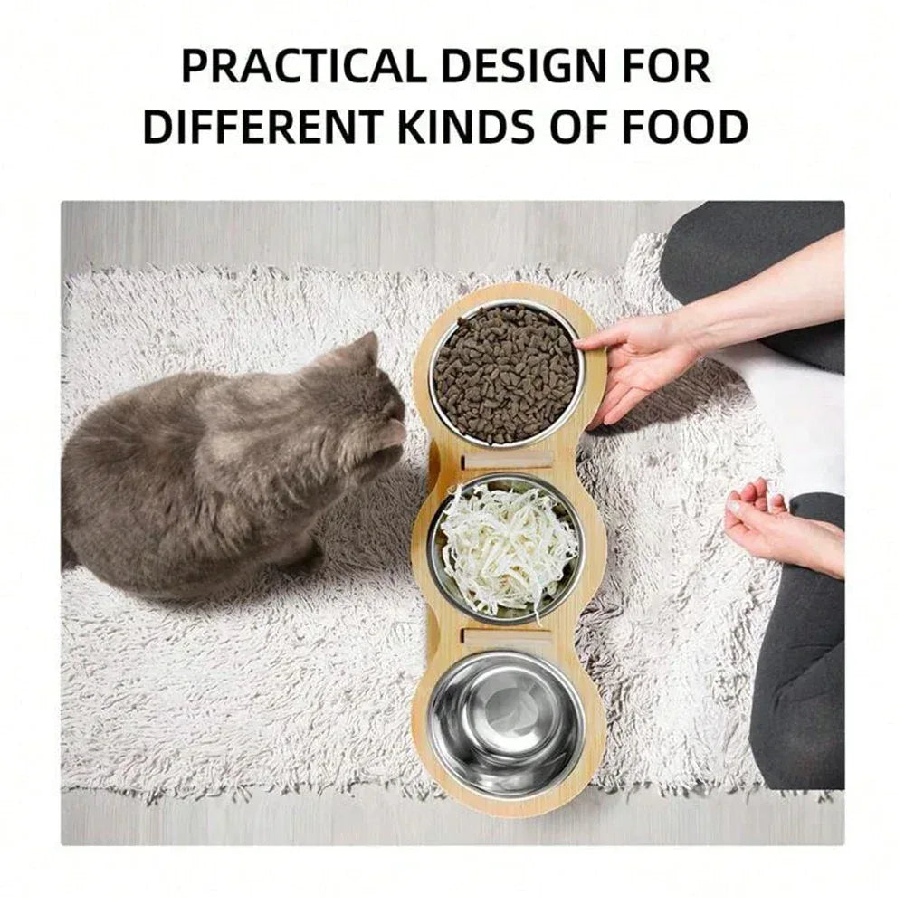 Cat 3 Bowls in 1 Feeder Feeding & Watering Supplies Food Bowl 15-Degree Tilt Raised Puppy 3 Stainless Steel Bowls Wood Brackets - Urbizia