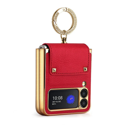 Z Flip6 Flip4 Flip5 plating PC Ring Holder Orange Leather mobile phone case for samsung galaxy Z Flip 7 5 Z flip4 5 cover case