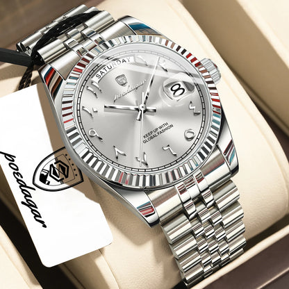 POEDAGAR Top Trendy Man Clock Stainless Steel Waterproof Business Men Watch Date Week Quartz Creative Men's Watches Reloj Hombre