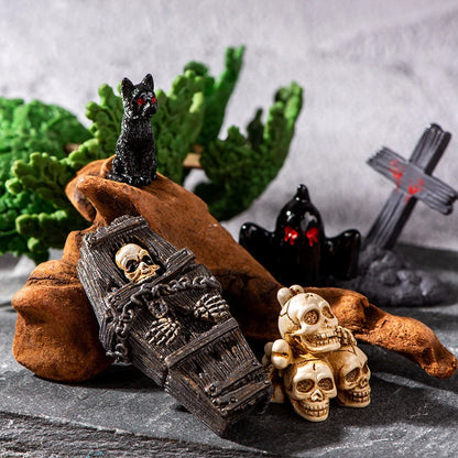 Miniature Halloween Resin Figurines – 3D Horror Raven, Tombstone, Ghost & Skull Ornaments