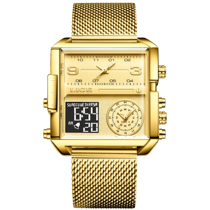 LIGE New Top Brand Luxury Fashion Men Watches Gold Steel Sports Square Digital Analog Big Quartz Watch for Man relogio masculino
