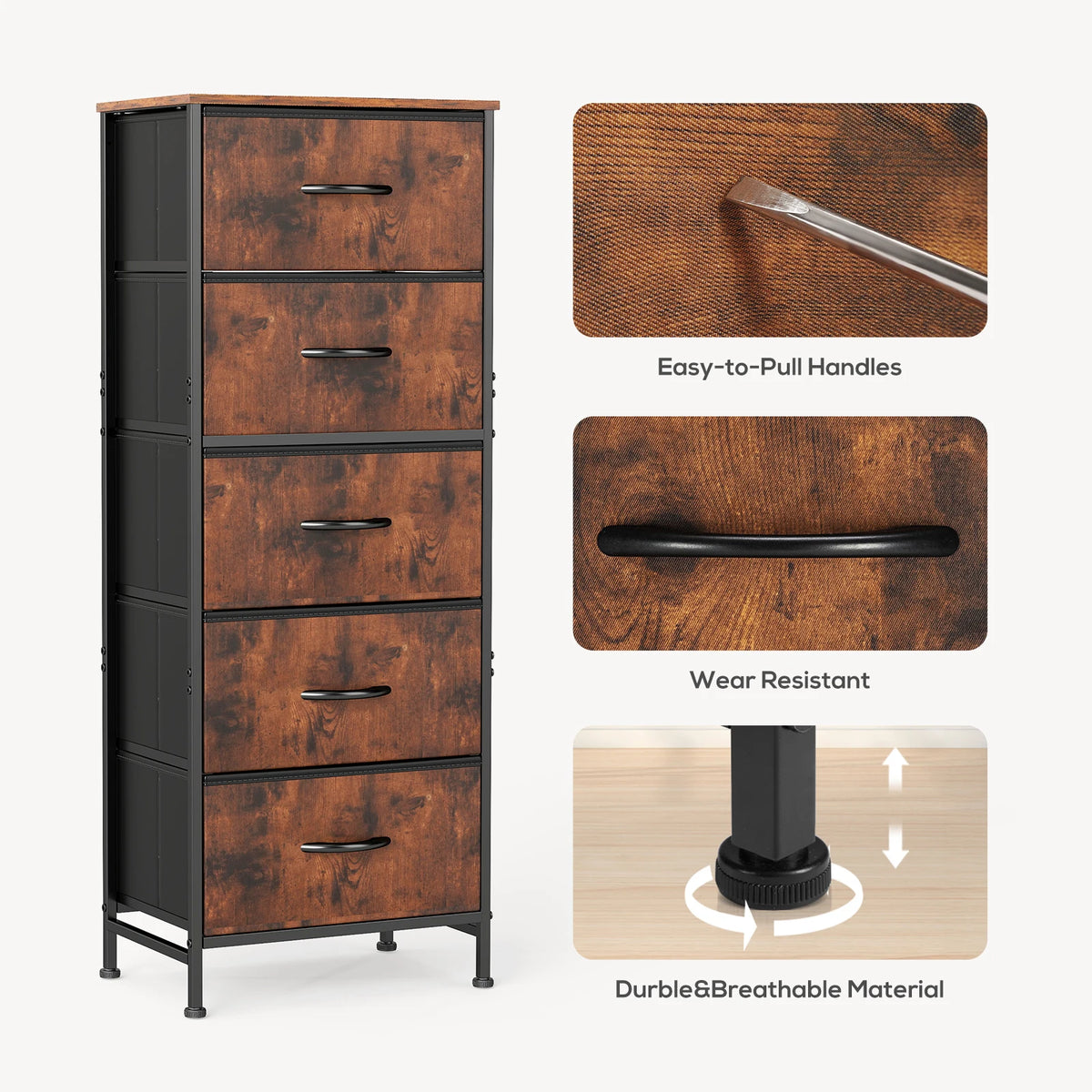 JHK 48IN Dresser For Bedroom With 5 Fabric Drawers Nightstand Wardrobe Steel Frame Closet For Clothes Storage Cabinet Furniture
