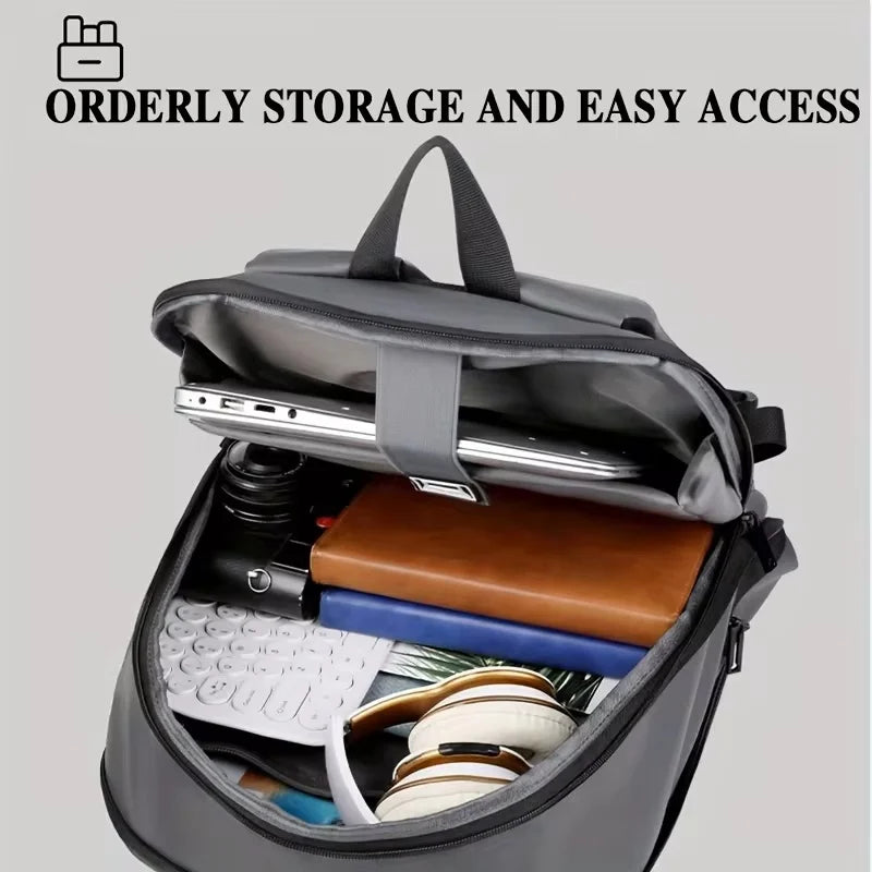 Durable minimalist backpack for men, designed for commuters with integrated luggage strap