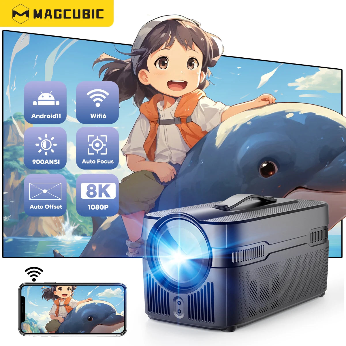 Magcubic Auto Focus Ultra Short Throw Projector 900ANSI With Auto Offset 1080P 8K HD WiFi6 BT5.4 Allwinner H726 Voice HY450C