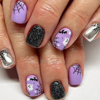 24Pcs Halloween Spider Print False Nails – Gothic Short Round Press-on Nail Tips for Women