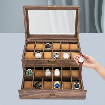 24-Bit Watch Box, 2-Tier Rustic Brown Watch Display Case with Glass Window, Tabletop Jewelry Storage Organizer for Men & Women