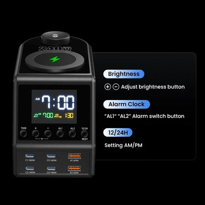 240W GaN Charger Station 4×140W PD3.1 USB Type C Wireless Fast Charger for MacBook iPad Samsung Alarm Clock Time Display - Urbizia