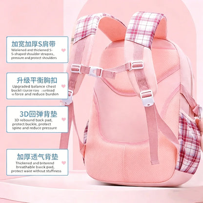 Protecting The Spine Ergonomics Elementary School Students Girls Checkered Backpack Large Capacity Lightweight Waterproof