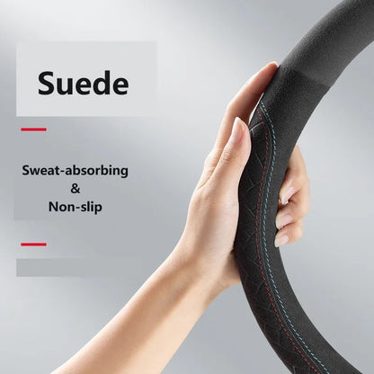 Car steering wheel cover embossed anti slip plush suede, sweat absorbing ultra-thin all season universal handle cover