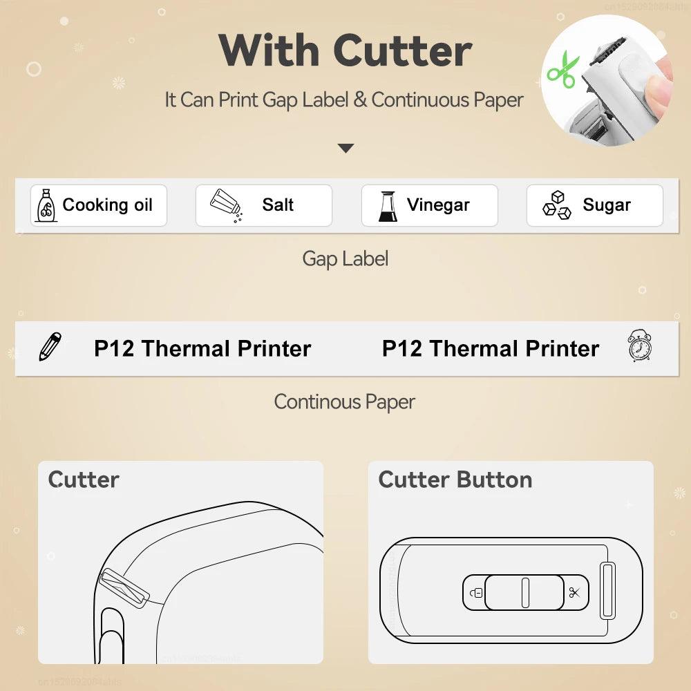 Portable Mini Printer Marklife P12 Thermal Printer Adhesive Sticker Labeling Machine P12 Label Maker or 1PK Continues Label Tape