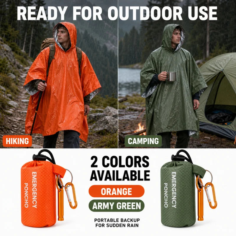 Emergency Rain Poncho Kit Waterproof Hooded Raincoat Portable Rain Cover With Pouch Whistle Carabiner For Camping Hiking