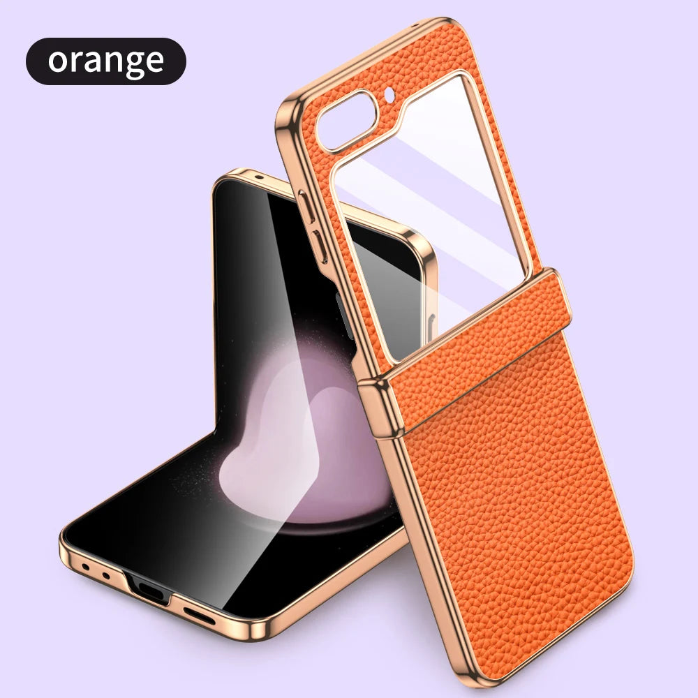 Cowhide Leather Phone Case for Samsung Galaxy Z Flip7 Flip6 Flip 7 FE 6 5 Luxury Hinge Protection Cover with Tempered Glass