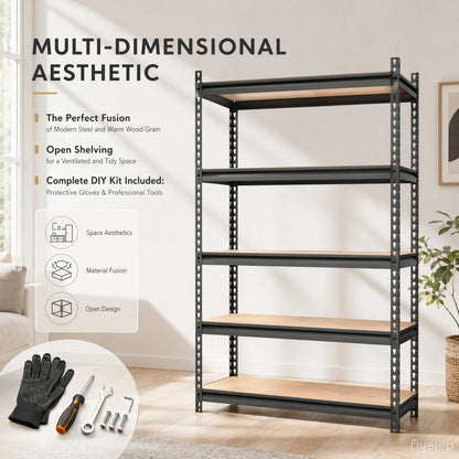 5-Tier Garage Shelving Heavy Duty Adjustable Metal Storage Rack with MDF Shelves, Utility Rack Shelf for Warehouse Pantry Closet Basement, 39.4" W x 19.7" D x 72" H, Black