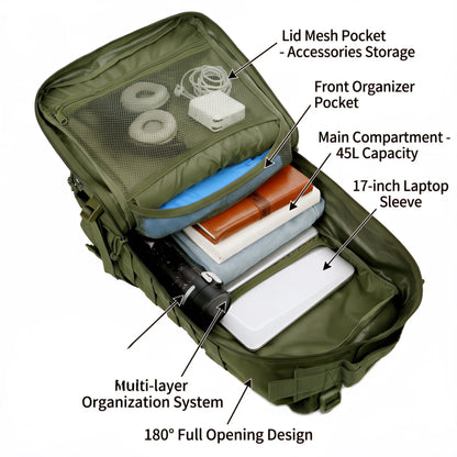 45L Tactical Travel Backpack Molle Storage Bag Large Capacity Multi Pocket Wear Resistant Camping Hiking Trekking Rucksack Durable Outdoor Mountain Climbing Daypack For Men Women Travellers Bushcraft Wilderness Trip Daily Com