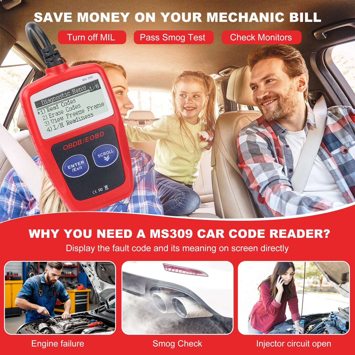 MS309 OBD2 Diagnostic Scanner Auto Car Health Check Code Reader Scanner Tool for All Cars Models with Bluetooth