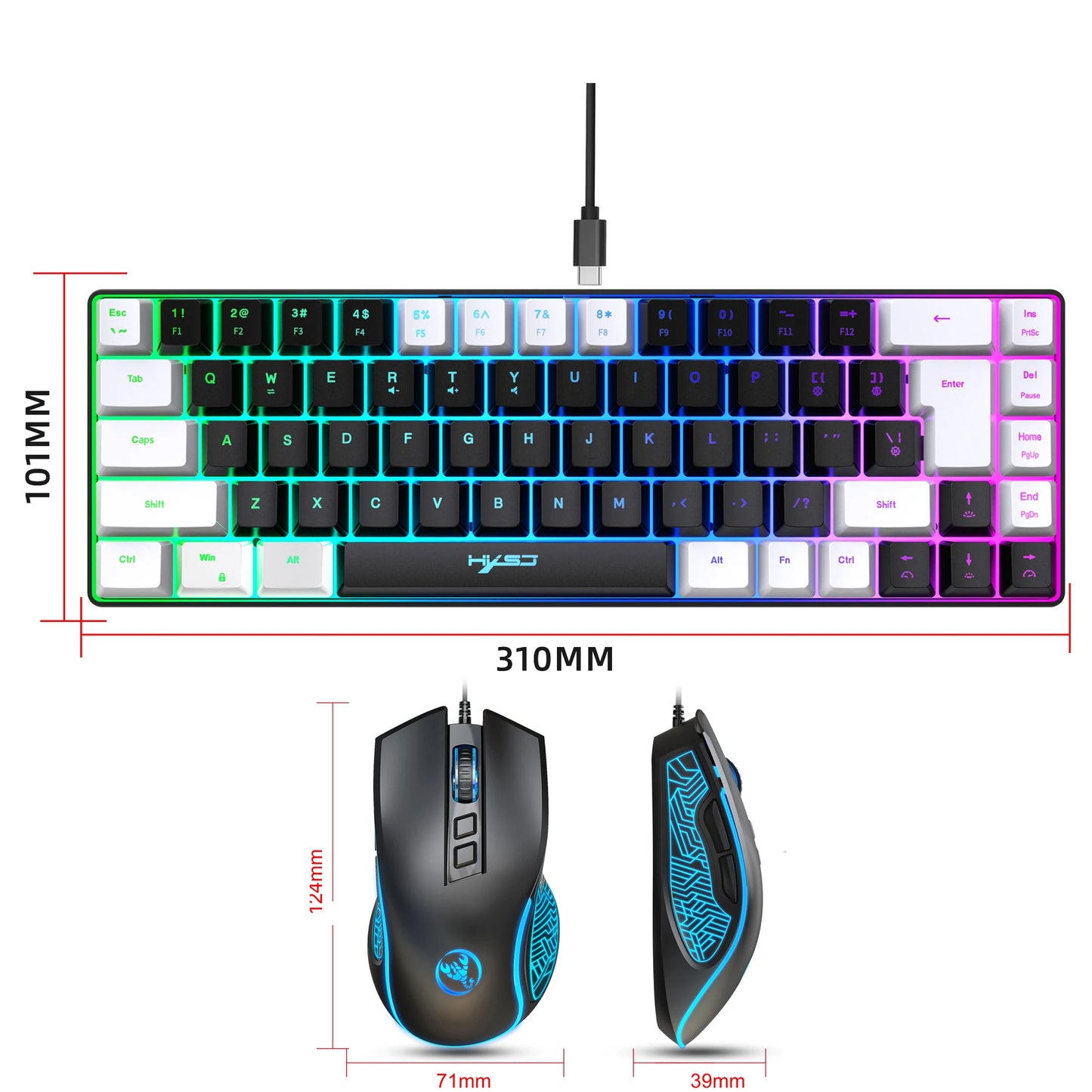 2024 Newest HXSJ mini V200 68 keys mechanical feel keyboard compact RGB luminous gaming mouse and keyboard combos for pc gaming