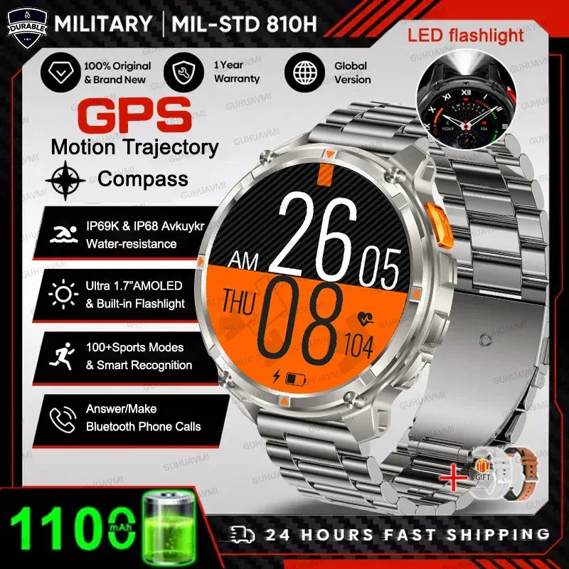 Men 1100mAh Ultra Durable Battery Smart Watch GPS Compass IP69K Waterproof BT Call 100+ Sport Mode Flashlight Sports Smartwatch - Urbizia