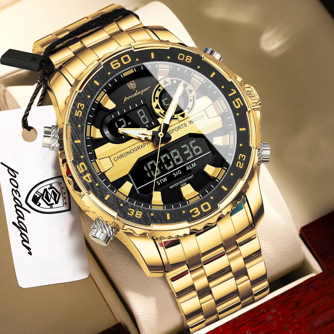 POEDAGAR Top Military Quartz Man Clock Week Date LED Luminous Digital Men Watch Dual Time Electronic Fashion Men's Watches Reloj