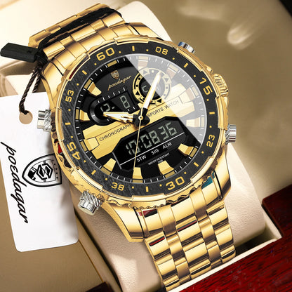 POEDAGAR Top Military Quartz Man Clock Week Date LED Luminous Digital Men Watch Dual Time Electronic Fashion Men's Watches Reloj