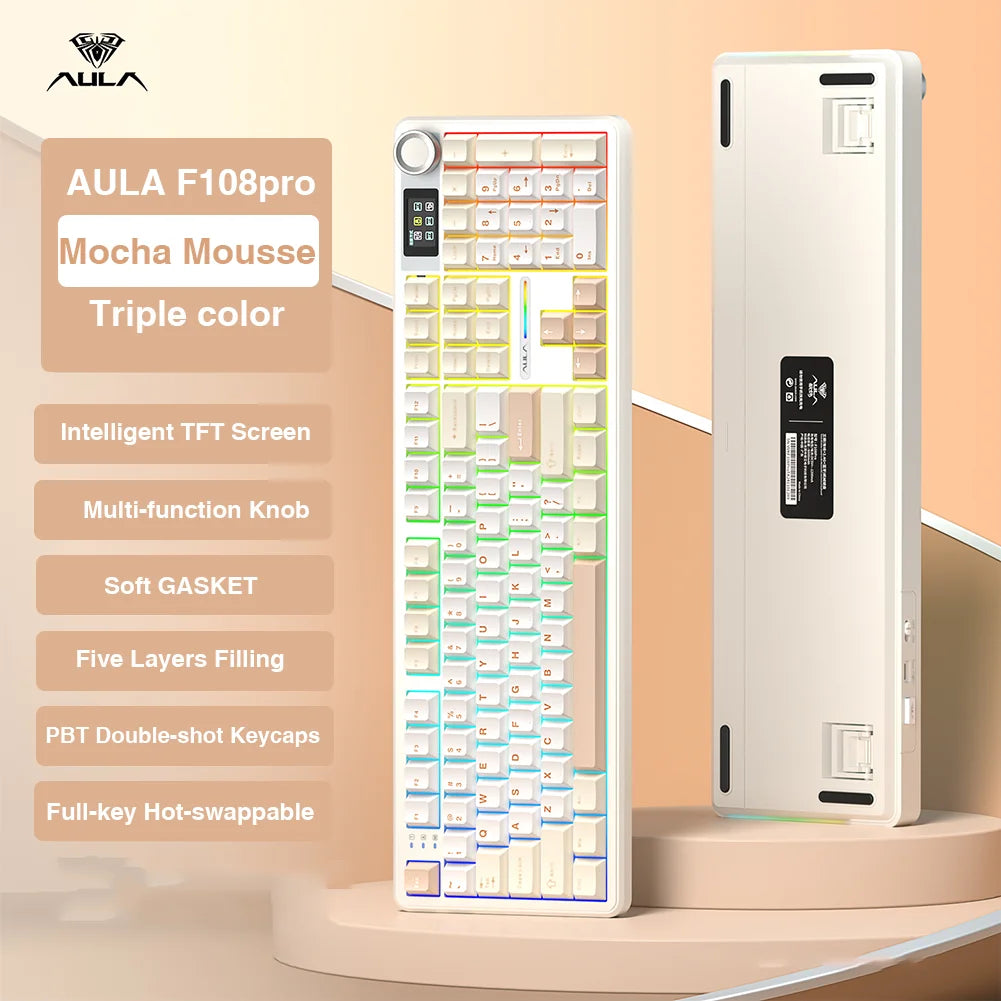 AULA F108pro Wireless Bluetooth Keyboard Macro Gaming keyboard Gasket Hot-swap Full Size Keyboard with TFT Smart Display