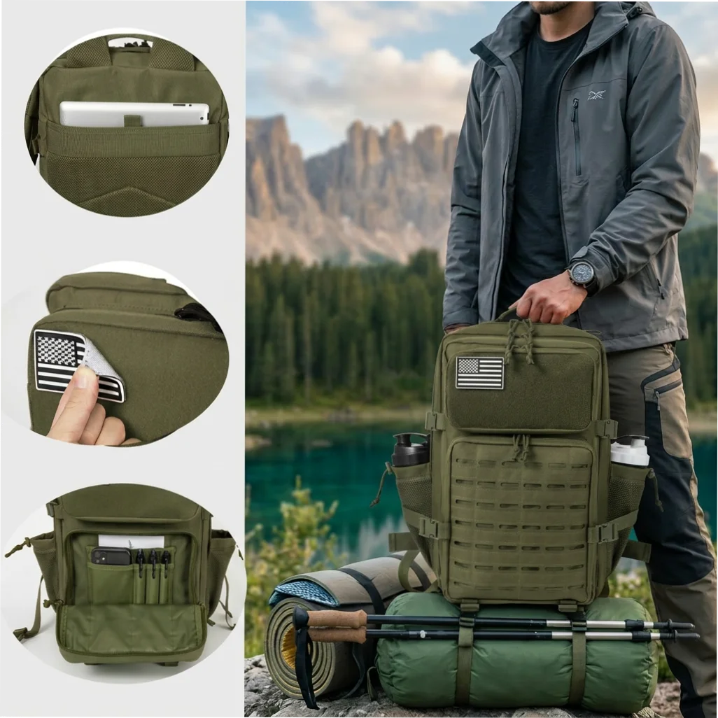 45L Tactical Backpack For Men With MOLLE Webbing System Outdoor Survival Gym Fitness Hiking Camping Backpack Dual Cup Holders Large Capacity Rucksack For Wilderness Trip Travel Daily Work Commute Outdoor Camping Activities Ge